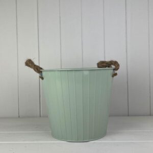 Sage Green Round Tapered Zinc Planter with Rope Ears and Drainage Hole