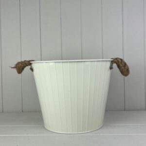 Cream Round Tapered Zinc Planter with Rope Ears and Drainage Hole