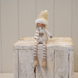 Cream Christmas Doll with Knitted Hat Stripey Scarf and Heart Jumper