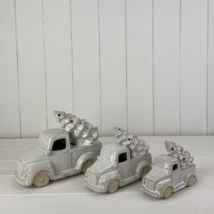 Glazed Ceramic Car Carrying Christmas Tree Ornament with Textured Detail and LED