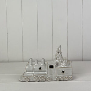 Glazed Ceramic Train Ornament with Textured Detail and LED