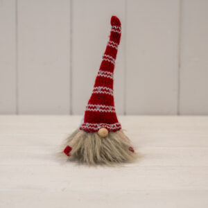 White Knitted Gonk with Red and White Patterned Hat