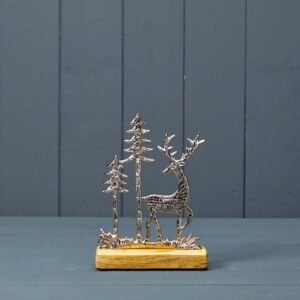 Silver Deer with Trees on Wooden Base