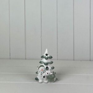 Green/White Ceramic Tree with Snowman and Reindeer Decoration with LED