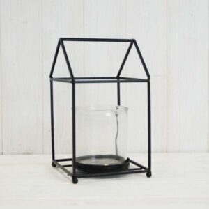 Black house shape lantern with glass insert