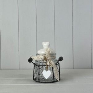 Glass Container with Heart Lid and Wooden Heart Deco in Wire Basket