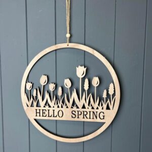 Round WoodenHello Spring" Wreath"
