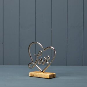 Silver Heart with Love on Wooden Base