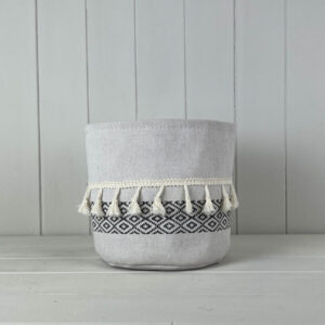 Large Cylinder White and Black Cotton Planter with Tassels