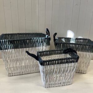White and blue wicker baskets (set of 3)