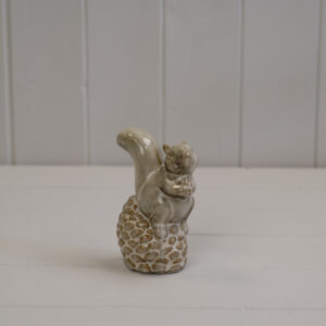 Beige Mottle Caramic Squirrel Sitting on Pinecone Decoration