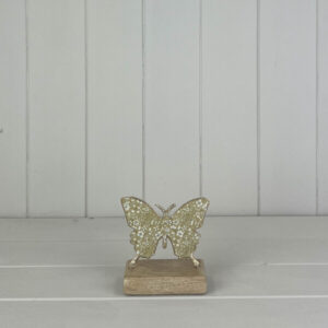 Light Green Metal Butterfly on Wooden Base