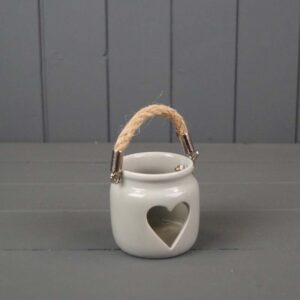 Grey Porcelain Heart Tealight Holder with Rope Handle