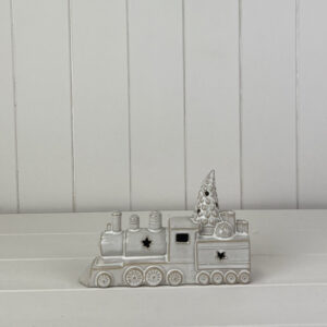 Glazed Ceramic Train Ornament with Textured Detail and LED