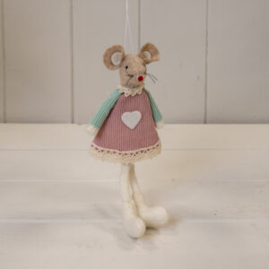 Pink Fabric Sitting / Hanging Mouse with Green Sleeves
