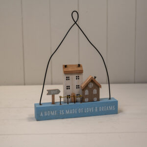Wooden Hanging Blue Double House 'A Home is Made of Love & Dreams' Sign with neutral Houses and Arr