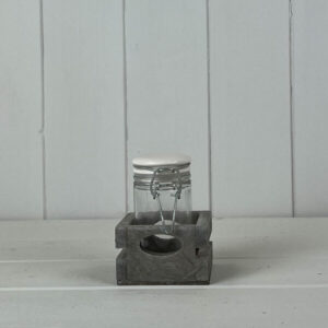 Glass Storage Jar with White Lid in Square Wooden Holder