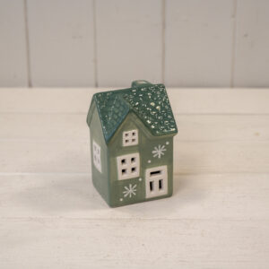 Green Ceramic LED House with Double Snowflake Detail. 6 Hour Timer