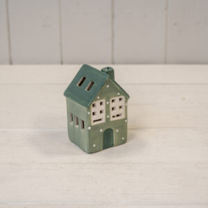Green Ceramic LED House with Snowball Detail. 6 Hour Timer