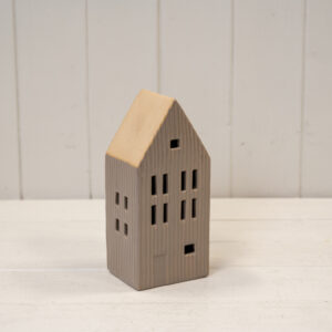 Medium grey Ribbed Ceramic LED House with Sand Roof. 6 Hour Timer