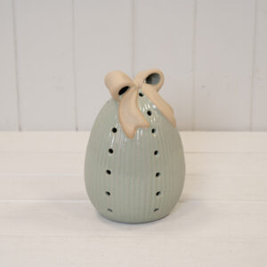 Sage Green Ceramic Egg with Bow Large with LED Timer