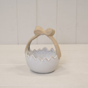 Ceramic Easter Egg Basket White Glazed with Unglazed Bow Handle