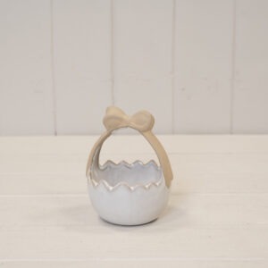 Ceramic Easter Egg Basket White Glazed with Unglazed Bow Handle