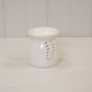 Medium White Ceramic Glazed Oil Burner with Leaf Detail