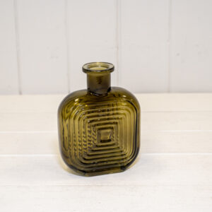 Olive Green Square Glass Bottle with Ribbed Design