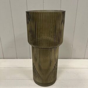 Olive Green Tall Glass Ribbed Vase