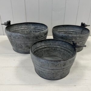 Set of Three Dark Round Planters with Bird