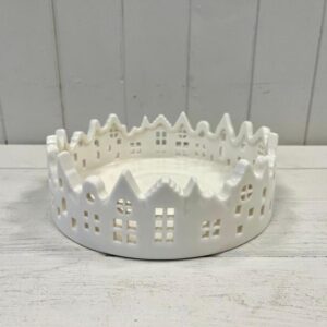 White Glazed Ceramic Candle Tray with Silhouette Houses Design