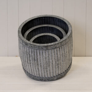 Set of 3 Round Galvanised Ribbed Planter