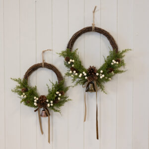 Twig Wreath With white Berry, Pinecones with Bells and Bow Detail Large
