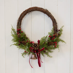 Twig Wreath With Red Berry, Pinecones with Bells and Bow Detail Large