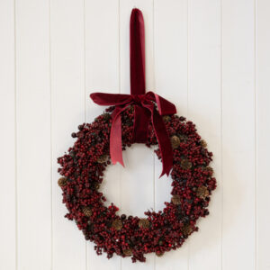 Luxury Wreath Burgundy Berry with Mini Pinecone and Velvet Ribbon Bow Large