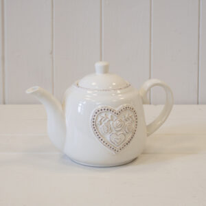 White Ceramic Teapot with Floral Heart Detail