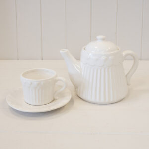 White Ribbed Ceramic Teapot with Heart Pattern
