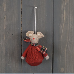 Small Red Fabric Hanging Mouse with Tartan Scarf (8cm)